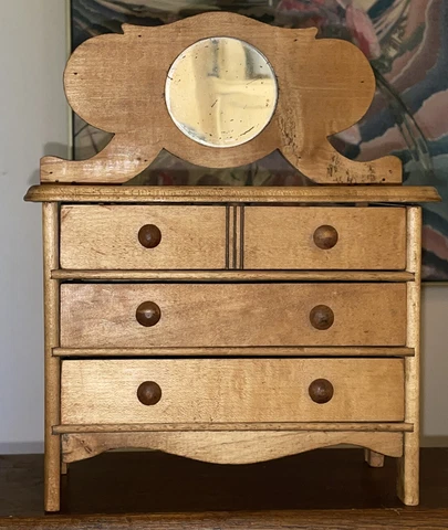 Antique Salesman’s Sample Mini Dresser w/Mirror, Unfinished Wood Doll Size Cover