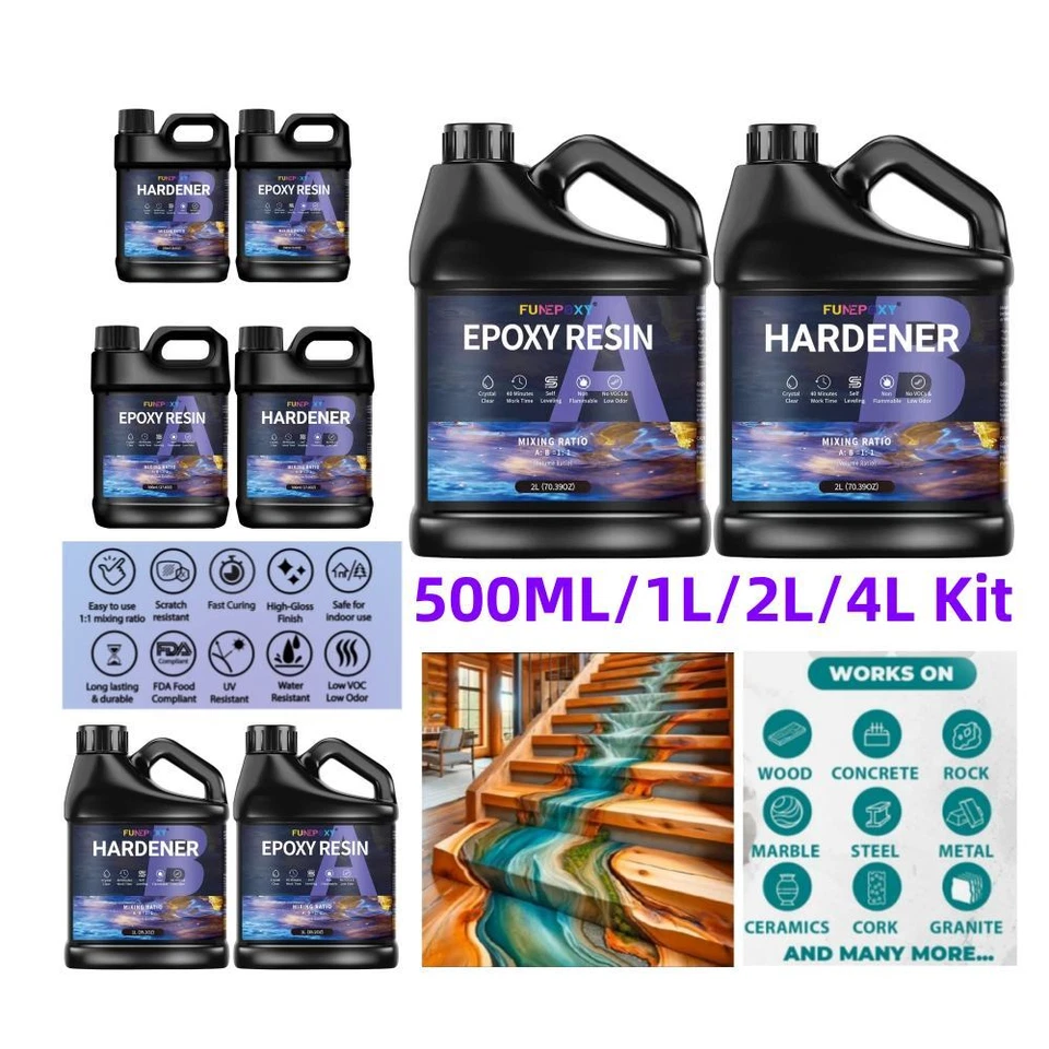 Clear Epoxy Resin - Bulk 500ML 1L 1.5l 2L 3L 4L 6L 8L 12L 16L Kit - 1A:1B Glue - Image 1 of 4