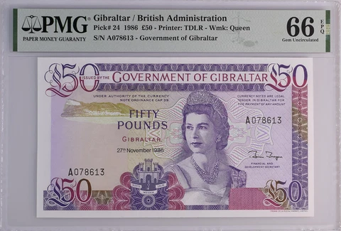 Gibraltar 50 Pounds 1986 P 24  PMG 66 EPQ Gem Unc. "A" Prefix Cover
