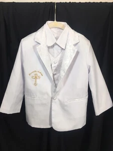 Boys Communion Religious Tuxedo suit Bautismo white 3pc W/ Gold Embroidery Sz 6 - Picture 1 of 8