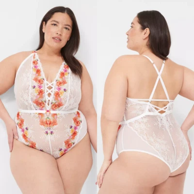 NWT Lane Bryant 10/12 Cacique White Floral Digital Print Lace Bodysuit - Image 1 of 4