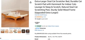 Cama rascadora extra grande de sisal para gatos, almohadilla rascadora duradera para gatos con hamaca - Imagen 1 de 9