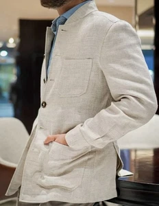 Esprit Safari Style Leinen Jacke Mantel Small Oatmeal Mandarin Opa Kragen Vintage - Bild 1 von 13