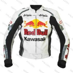 Red Bull Kawasaki White Leather Motorcycle Racing Jacket Kawasaki Ninja Jacket - Picture 1 of 5
