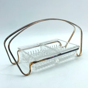 MCM Piatto Relish Vintage in Vetro con Manico in Metallo 11x5 Doppio Scomparto Server - Foto 1 di 12