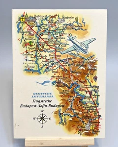 1959 Deutsche Lufthansa Litho Postcard Flying Map Budapest Sofia Flight IL-18 - Picture 1 of 8