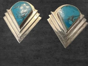 Navajo Kingman Art Deco Turquoise & Silver Earrings. - Picture 1 of 4