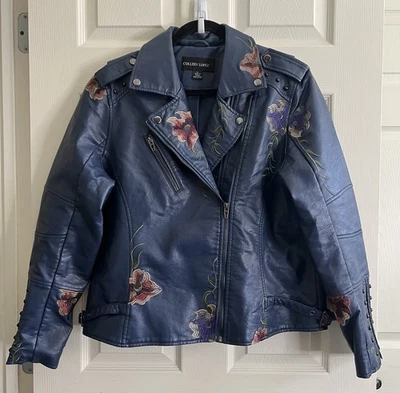 COLLEEN LOPEZ Blue Faux Leather Floral Embroidered Studded Zip Moto Jacket Sz XL - Image 1 of 4