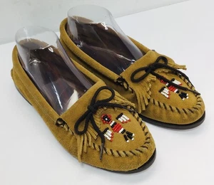 Minnetonka Moccasins Sz 8 Thunderbird Beaded Fringed Brown Suede Leather Shoes - Picture 1 of 14