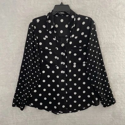 Top Express Mujer Abotonado Negro Grande Lunares Transparente Manga Larga Cuello en V Foto 1 de 4