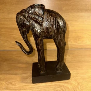 Dark Wood Wooden Carved Elephant Statue On Base 9 Inches Tall - Picture 1 of 9