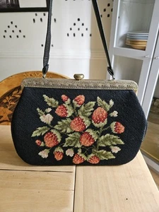 Vintage Needlepoint Tapestry Strawberry Motif Black Purse Handbag - Picture 1 of 10