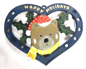Happy Holidays Bear Metal Heart Shape Cast Iron Trivet - Picture 1 of 2