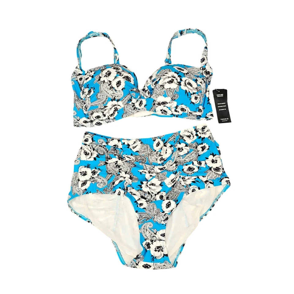 Torrid NEW 2pc swimsuit womens sz3 blue white blk floral high waist bottom  - Image 1 of 4