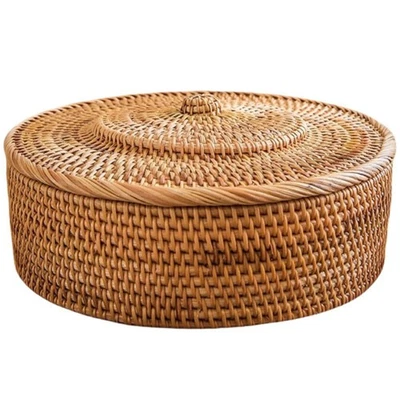 3X(Cestino in rattan con coperchio, cestino portaoggetti tessuto a mano, cestino in vimini con De3609 - Immagine 1 di 4