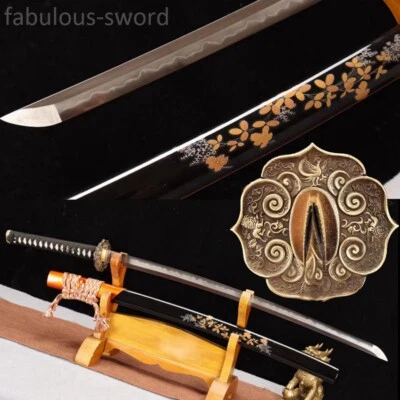 1095 carbon steel clay tempered  japanese samurai sword brass tsuba flower saya - Image 1 of 4