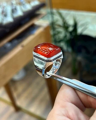 Anel Aqeeq iemenita natural vermelho prata 925 - Imagem 1 de 4