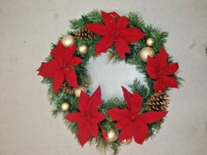 24 inch Christmas Decorated Wreath with Red Poinsettia & Pine Cone Door Decor - Picture 1 of 3