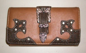 P & G Collection Western Style Brown PU Leather Wallet Clutch Bling! 4.5" X 7.5" - Picture 1 of 3