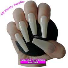 600x Extra Long Coffin Tapered NATURAL Press On Full Cover False Nails Tips UK