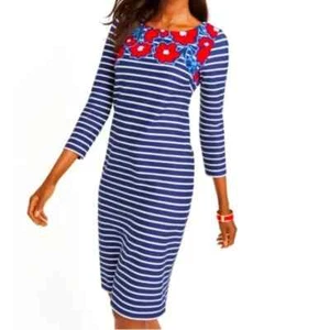 Talbots Petites 3/4-Sleeve Knit Dress Women's SP Navy Stripes & Red Flowers - Picture 1 of 10
