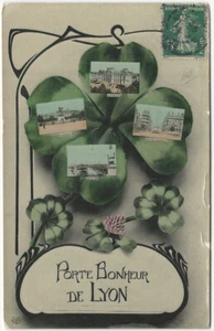 Trébol de Buena Suerte Francés Porte Bonheur Lyon Trébol de Cuatro Hojas Postal Original - Imagen 1 de 2