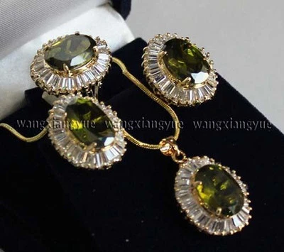 Conjunto de pendientes/anillo/collar colgante de peridoto con incrustación de 14K GP de moda AAA Foto 1 de 3