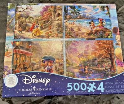 Disney Thomas Kinkade 500 piece Jigsaw Puzzles Four 4 In 1 Puzzle Mickey Minnie - Image 1 of 2