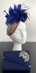 Navy Feathers Fascinator with Matching Clutch - Made in Aus - New - B05 - Picture 1 of 4