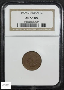 1909 S Indian Head Copper Cent 1C (Choice Almost Uncirculated) NGC AU 55 BN - Picture 1 of 5