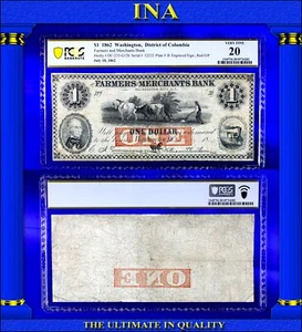 Banco de Agricultores y Comerciantes de $1 DC Guerra Civil de Estados Unidos Obsoleto PCGS 20 Ext Raro Mejor - Imagen 1 de 4