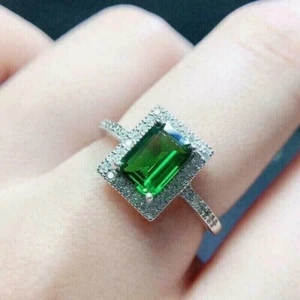2Ct Emerald Cut Simulated Emerald Women's Solitaire Ring 14K White Gold Plated - Picture 1 of 6