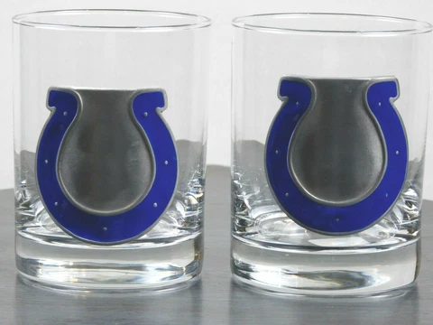 Set of 2, NFL, Indianapolis Colts, Rocks glasses with metal team medallion Cover