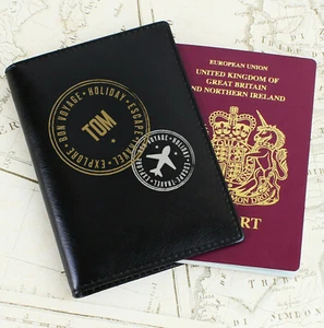 Personalised PASSPORT COVER / Holder. Black. GENUINE LEATHER. Travel, Holiday. - Picture 1 of 2