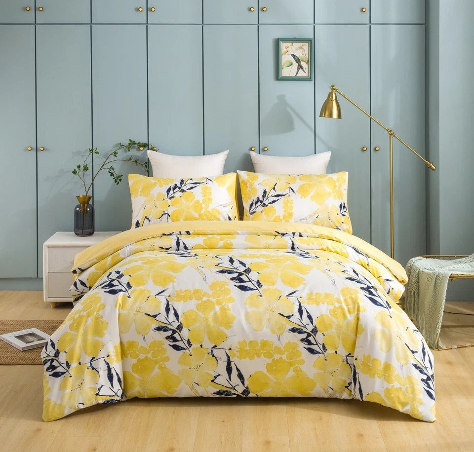 Tache Watercolor Floral Light Yellow Blue Flowers Reversible Print Duvet Cover - Image 1 of 4