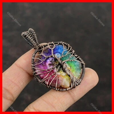 Arco Iris Solar Cuarzo Druzy Piedras Preciosas Árbol de la Vida y Alambre Envuelto Colgante Cobre Foto 1 de 4
