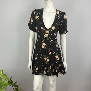 Angel Biba Size 6 Short Shift Dress Black Floral Ruffle Hem Deep V Neckline NEW - Picture 1 of 13
