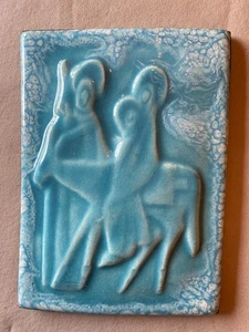 Vtg ceramic bas relief wall tile The Nativity. Blue Glaze artist signed 6x8.5" - Picture 1 of 5