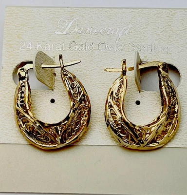 DaneCraft 24KT Gold Over 925 Sterling Silver Filigree Hoop Pierced Earrings - Image 1 of 4