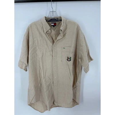 Camisa Tommy Hilfiger Para Hombres Beige Mezcla de Lino Abotonada Escudo Bordado L Foto 1 de 4