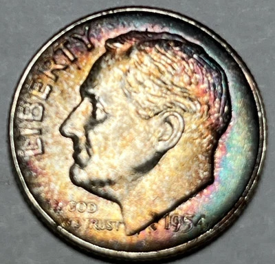 1954 Roosevelt Silver Dime Rainbow Toning Uncirculated #2 - Image 1 of 4