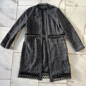 Elie Tahari Blue Multi Kora Long Tweed Hook Front Jacket Long Coat Size Small A4 - Picture 1 of 12