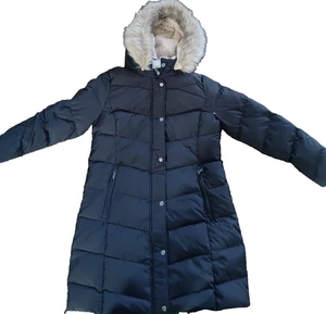 LAUREN RALPH LAUREN Womens Faux Fur Trim Hooded Down Puffer Coat Black Large - Picture 1 of 11
