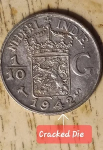 1942 S .. 1/2 Nederl Indie Coin With Cracked Die Error Obv. - Picture 1 of 3