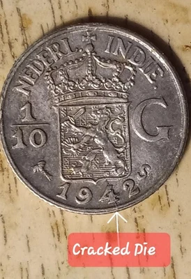1942 S .. 1/2  Nederl Indie Coin With Cracked Die Error Obv. - Image 1 of 3