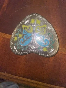 Gürtelschnalle Schmetterling in Herzform Vintage blau gelb auf silberfarben - Bild 1 von 3