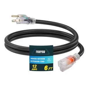 Indoor Outdoor Extension Cord, 12 Gauge 3 Prong Weatherproof Heavy Duty Black... - Picture 1 of 7