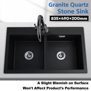$219.99! Kitchen Sink Granite Stone Double Bowl Top/Flush Mount 835x490mm Black - Picture 1 of 5