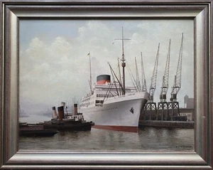 Pintura al óleo vintage del siglo XX astillero industrial paisaje marino - Imagen 1 de 13