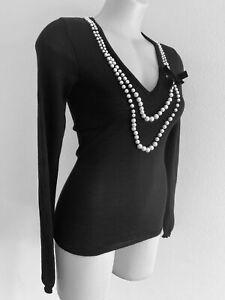MOSCHINO Womens Black wool Sweater jumper Top white Pearl Audrey Hepburn IT44-M